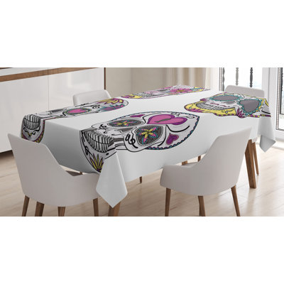 Ambesonne Skull Tablecloth, Colorful Ornate Mexican Sugar Skull Set With Flower And Heart Pattern Calavera Humor, Rectangular Table Cover For Dining Room Kitchen Decor, 60" X 90", Multicolor