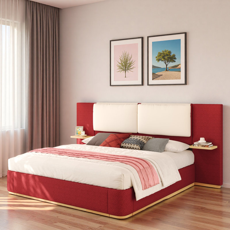 Lit plateforme tapissier avec tablettes, Grand lit, Rouge / Blanc