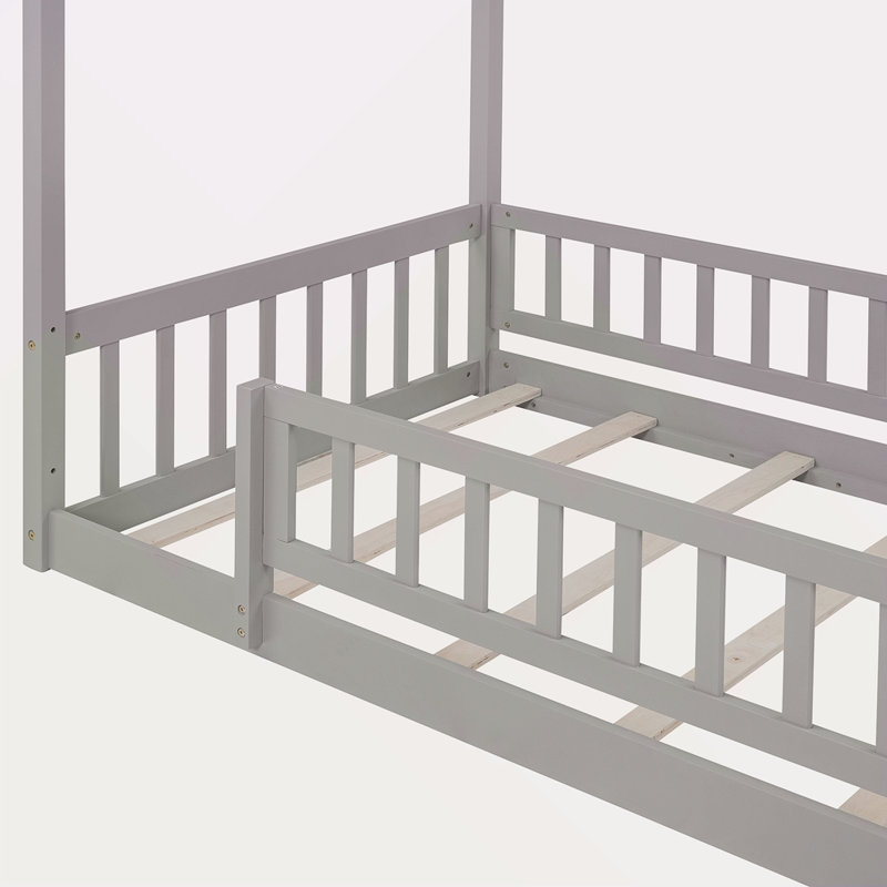 Cadre de lit en bois avec clôture, Gris, Lit simple