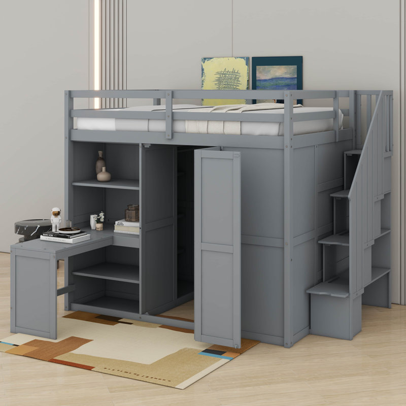 Lit mezzanine double avec garde-robe, tablettes et bureau, Gris