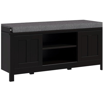 Shoe Bench Storage Ottoman with Sliding Doors, Adjustable Shelving, 6 Compartments, and Padded Seat