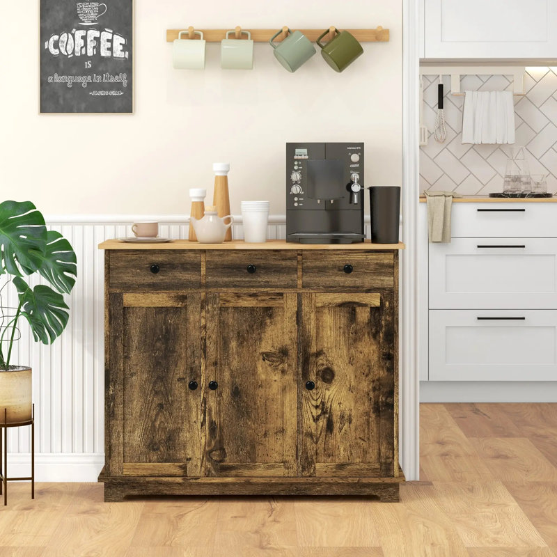 Armoire de cuisine avec plateau en bois massif, buffet avec 3 tiroirs et tablette réglable, armoire de plancher en grain de bois noir
