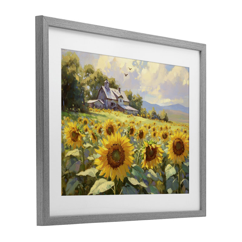 «Sunflower Church Floral Field», reproduction sous verre, encadrée par Petal Prints, Cadre de ferme gris, H 17 po x l 21 po