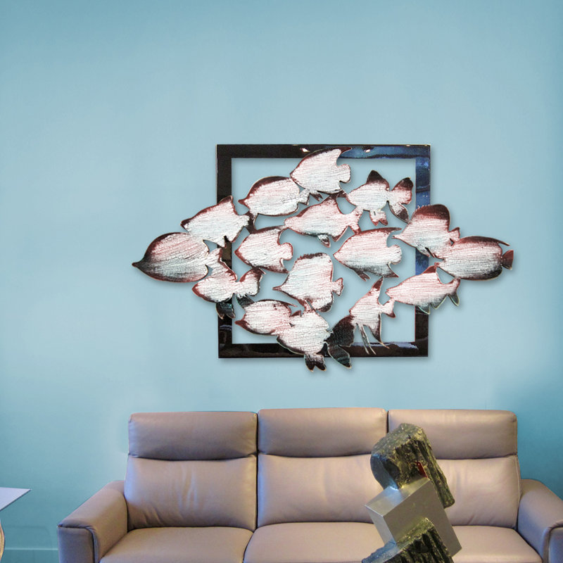 Décoration murale école des poissons en bois cadre, H 18 po x l 36 po x P 2 po, Blanc rustique