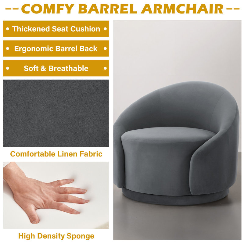 Fauteuil demi-tonneau pivotant rembourré Aunna, Velours gris velours