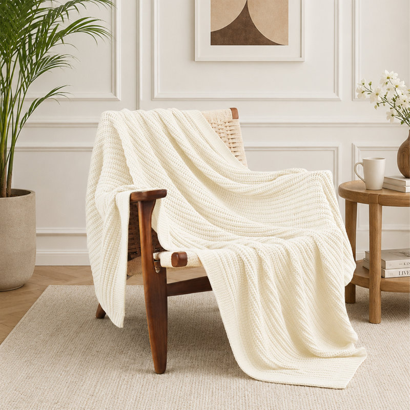 Plaid en maille douce, léger et décoratif pour canapé et lit, couleur crème., Beige