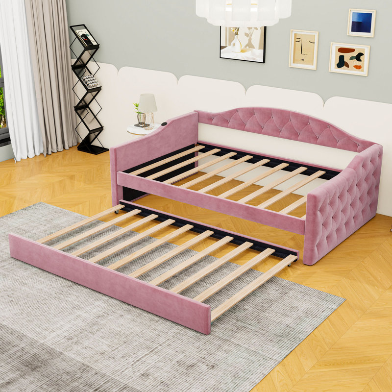 Upholstered Daybed with Trundle, USB and Type-C Charging Ports, Pink