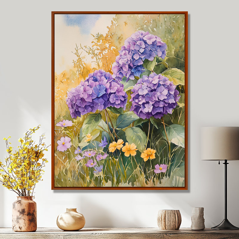 «Country Side Hydrangeas And Wildflowers I - Hydrangea», art mural encadré, Brun, H 32 po x l 24 po