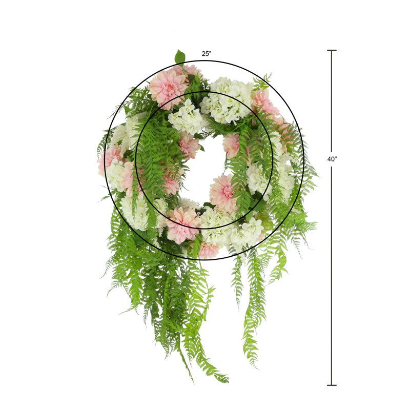 25" Spring Wreath with Dahlias, Hydrangeas and Hanging Ferns