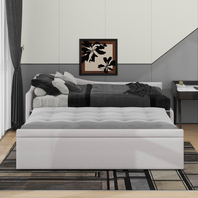 Twin Size Upholstered L-Shaped Upholstered Daybed With Trundle, Beige