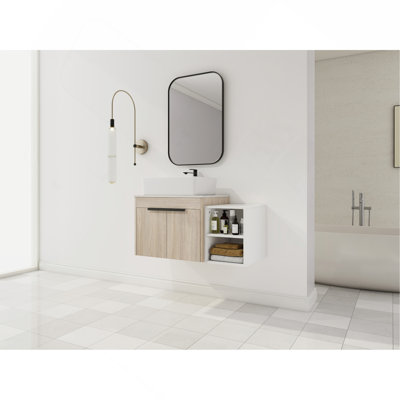 Meuble-lavabo flottant de 36 po au design moderne avec lavabo d'art en céramique, dalle de pierre plate blanche et petites tablettes de rangement, porte à fermeture douce