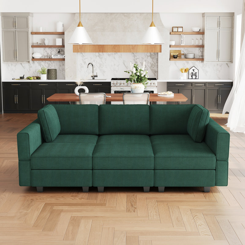 Corduroy Sofa Bed Modular Sectional Sofa Convertible Sofa Livingroom Bedroom Apartment Storage Couch, Green Corduroy