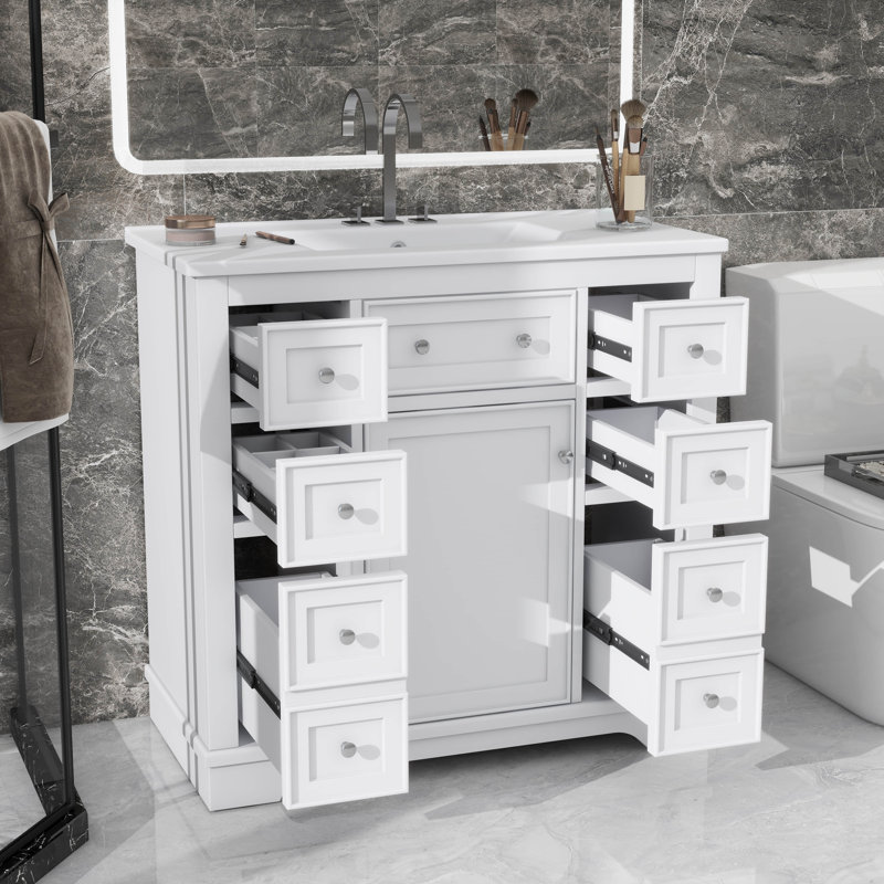 Meuble-lavabo de salle de bain 36 po sans évier à six tiroirs, Blanc