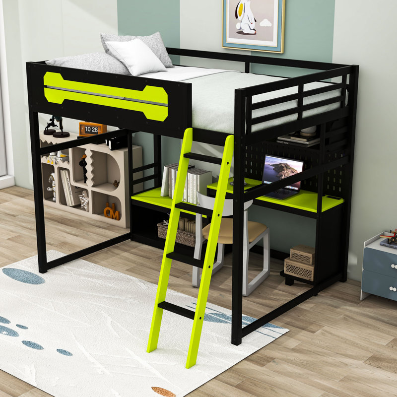 Lit mezzanine avec bureau, tablettes, lumières DEL et ports USB, Noir-vert