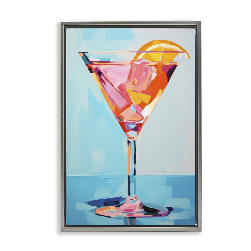  Toile Martini bleue et rose par LSR Design Studio, H 31 po x l 21 po, Cadre flottant gris lustré