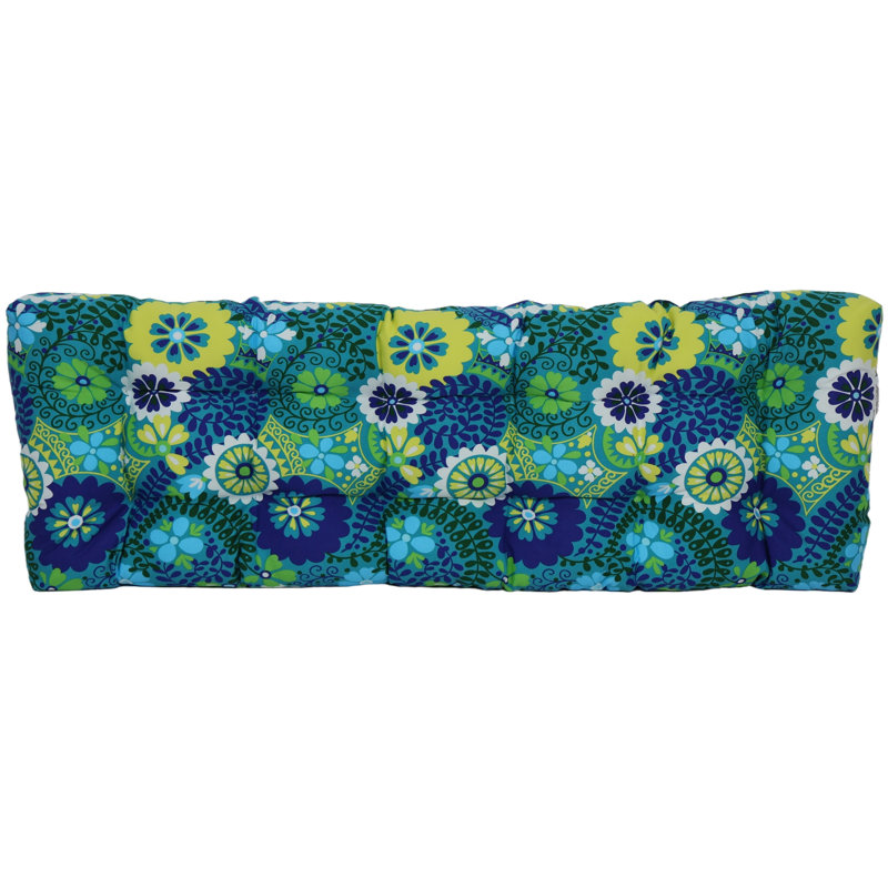Tufted Outdoor Bench Cushion, 55" W x 19" D, Blue/Green/Luxury Azure Floral