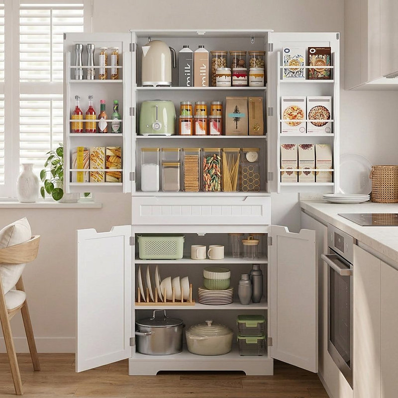  Armoire de cuisine autoportante 71 po Nahid avec 4 portes, 1 tiroir et tablettes réglables H ， Conception anti-basculement
