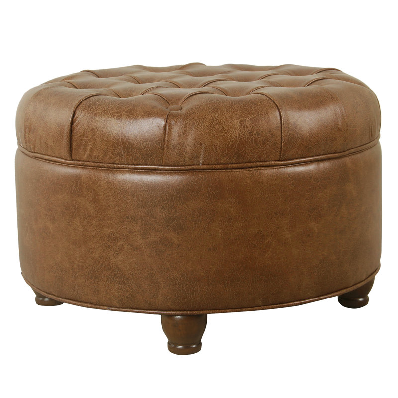 Repose-pieds avec rangement Gery, plateau rond en similicuir brun de 25 po