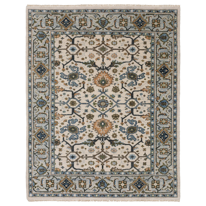 Gowen Traditional Oriental Ivory/ Light Blue Area Rug, Rectangle 6' x 8'12"