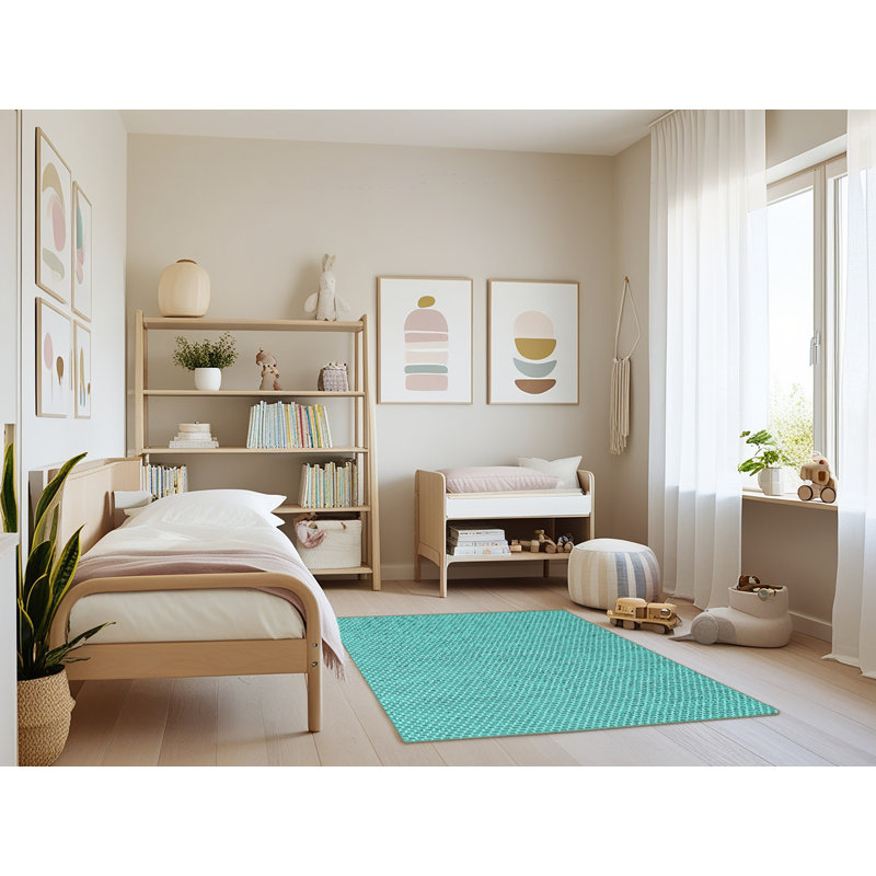 Tapis bleu sarcelle / polyester tissé à la machine 3 pi x 5 pi Hjorring Southwestern