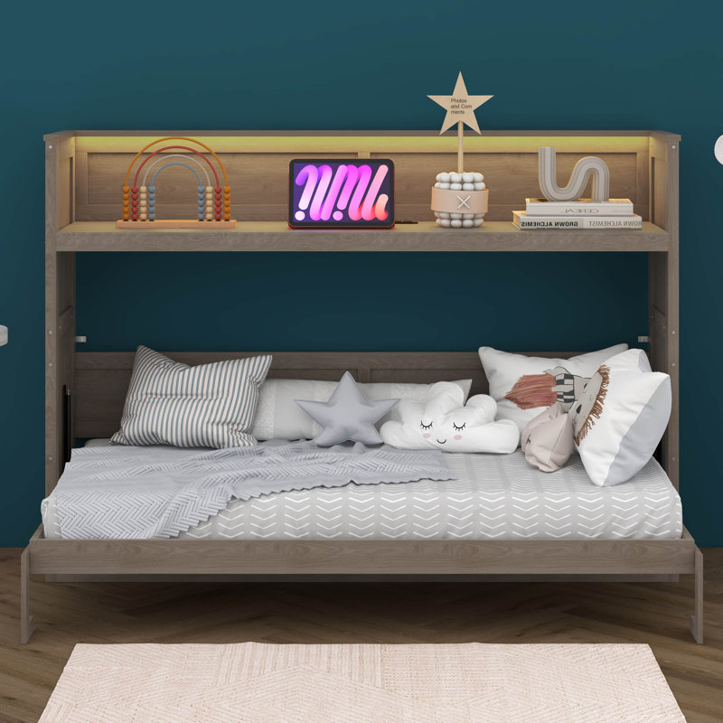 Lit simple simple TG avec bureau et station de charge USB, cadre de lit plateforme pliable avec rangement