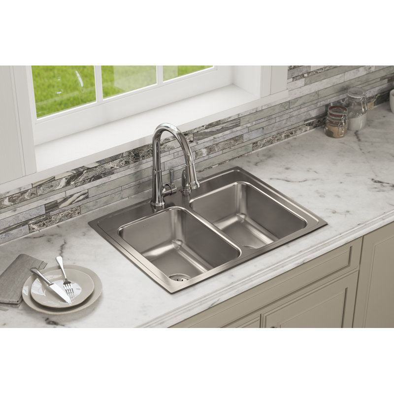 Lustertone 29" L x 22" W Double Basin Drop-In Kitchen Sink, 1 hole