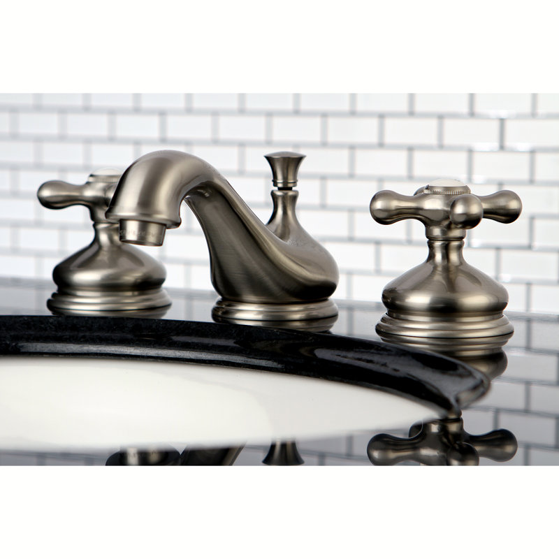 Kingston Brass Heritage Two-Handle 3-Hole Deck Mount Widespread Bathroom Faucet with Brass Pop-Up Drain, Brushed Nickel