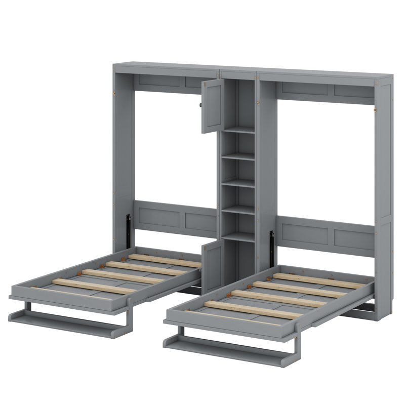 Deux lits escamotables doubles avec armoires et tablettes, Gris