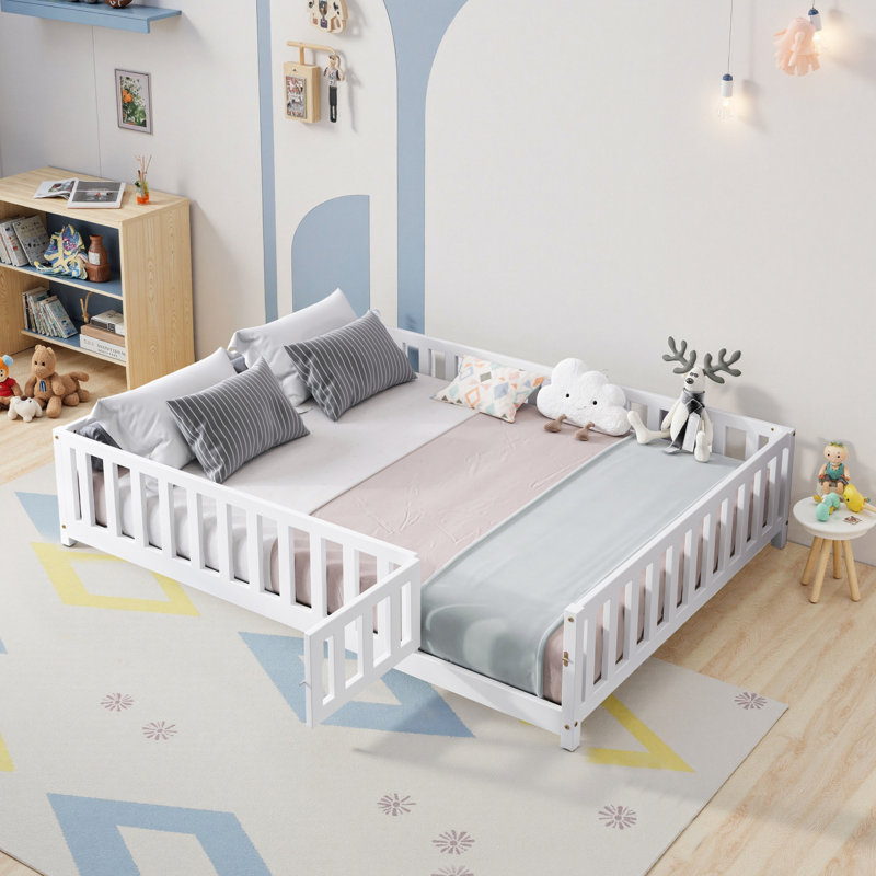 Lit plateforme double avec clôture et porte pour enfants Lit Montessori, Blanc