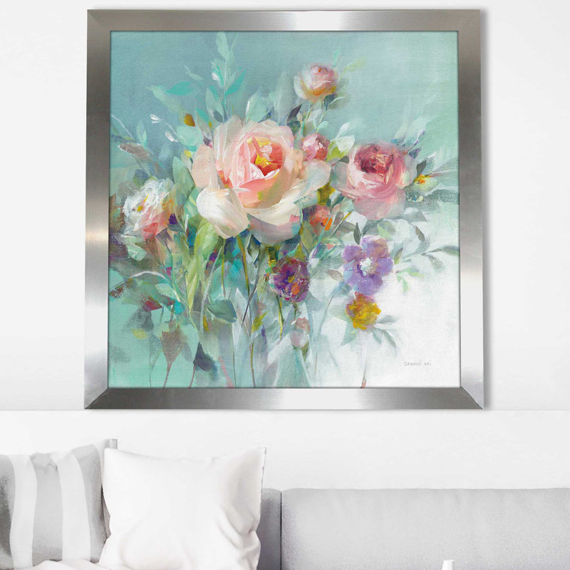 Roses de jardin d'été - Peinture, Encadrement argenté, H 37,5 po x l 37,5 po x P 1 po