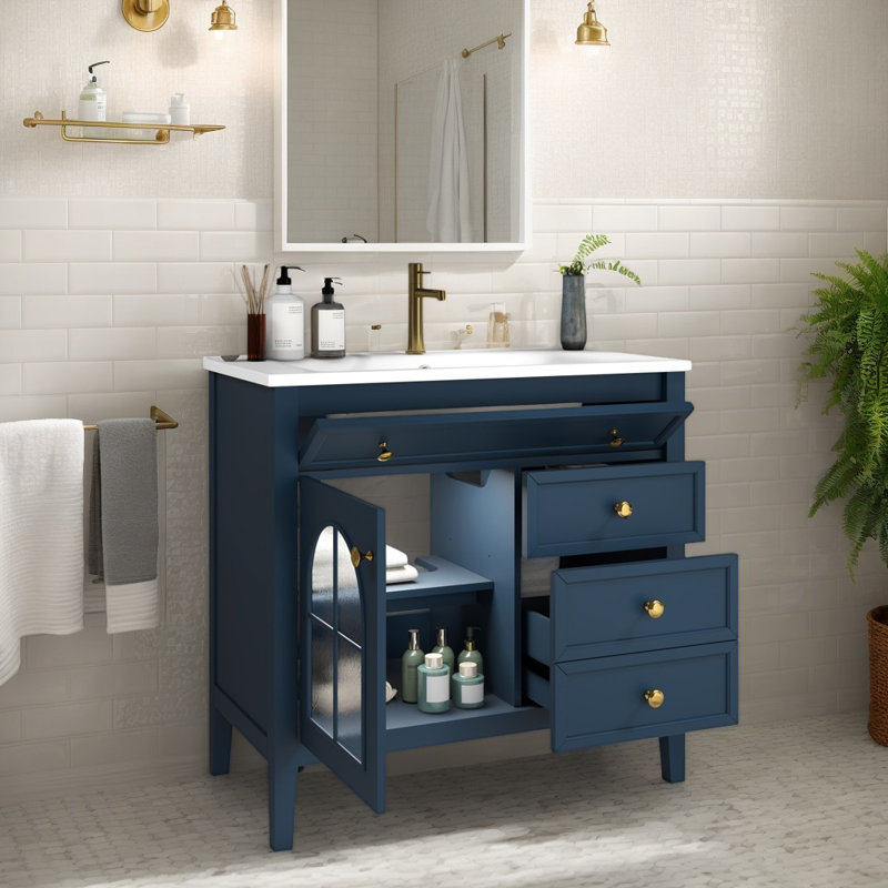 Meuble-lavabo de salle de bain 35,6 po avec lavabo, meuble-lavabo autoportant avec 1 tiroir rabattable, 2 tiroirs et 1 armoire, tablette réglable, verre à motif, bande lumineuse à capteur de mouvement
