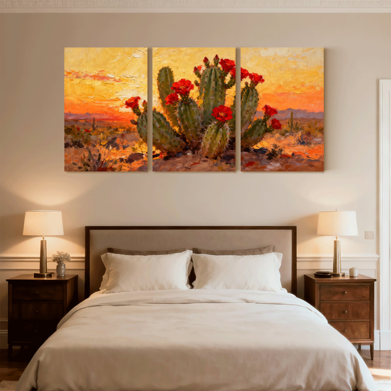 «Cactus Desert Cactus Sunset», ensemble de 3 reproductions d'art sur toile, H 18 po x l 36 po