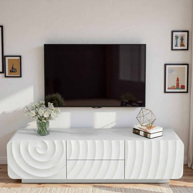 Meuble télé unique en forme de spirale avec armoires de rangement et 2 tiroirs, Blanc