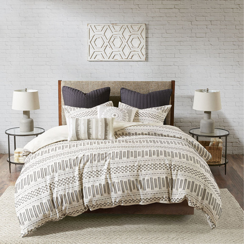 Full/Queen Cotton Jacquard Duvet Cover Mini Set, Ivory/Charcoal Striped, Queen   Duvet Cover  + 2 Standard Shams