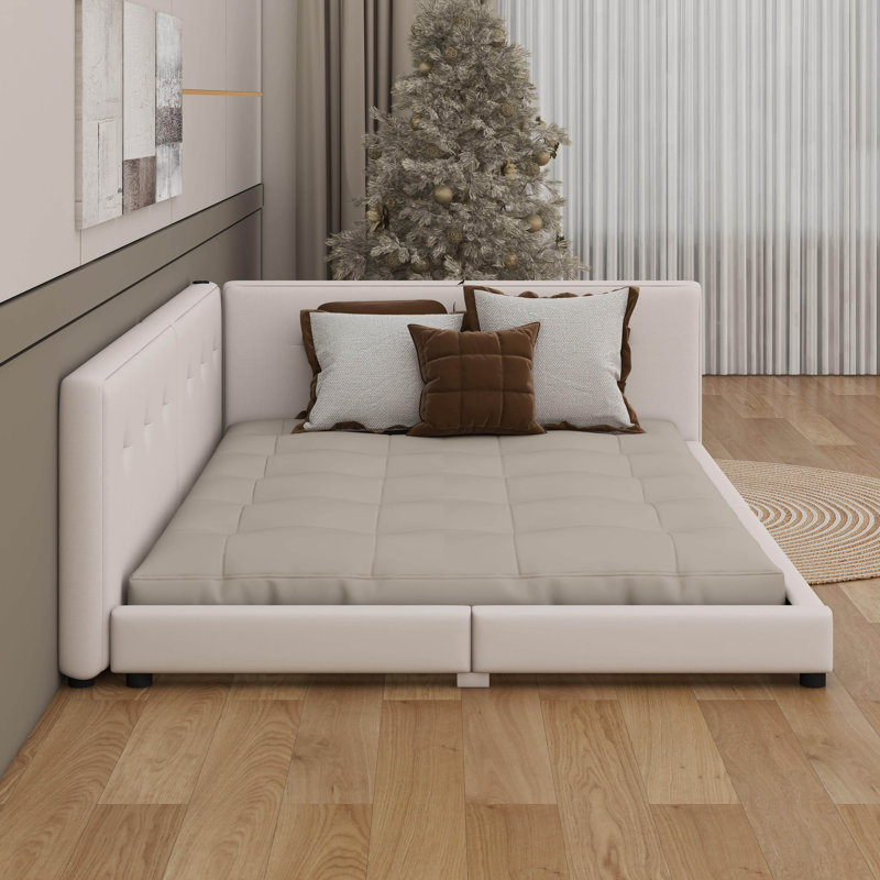 Linen Upholstered Floor Bed With USB Ports And Wood Slat Support, Queen