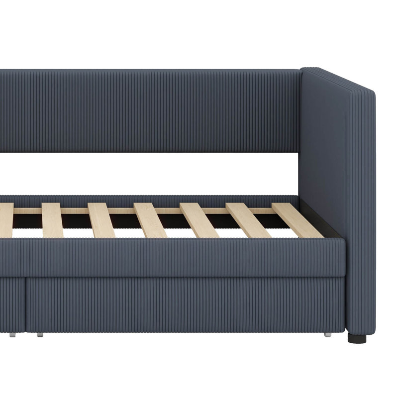 Élégant lit simple en velours côtelé Stanmore avec tiroirs de rangement intégrés et structure en bois massif, Gris