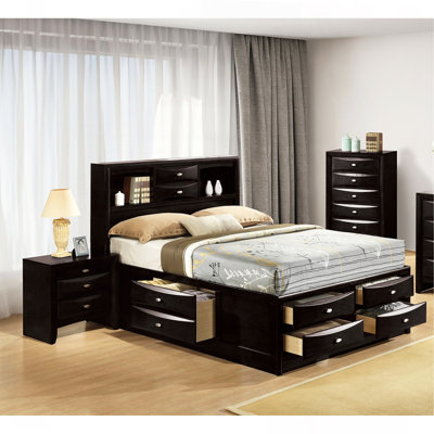 Contemporary Full Size Bed 2X Nightstands Headboard Bookcase Black Color 3Pc Set Bedroom Furniture