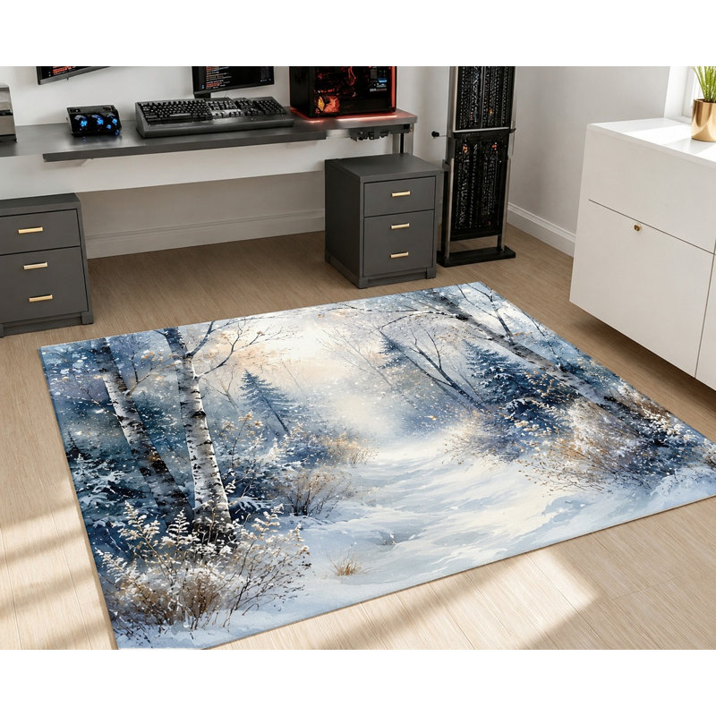Tapis paysage aquarelle Winter Forest, Rectangle 5 pi 3 po x 3 pi 3 po (160 x 100 cm)