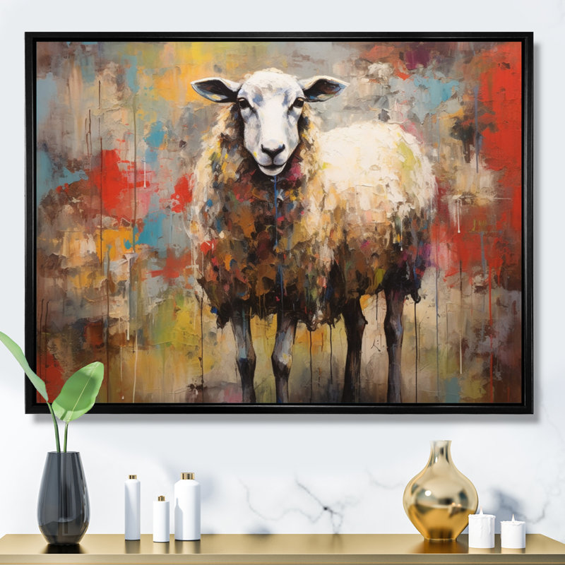 «Colorful Abstract Sheep Collage I», reproduction d'art sur toile, H 12 po x l 20 po x P 1 po, Cadre flottant noir