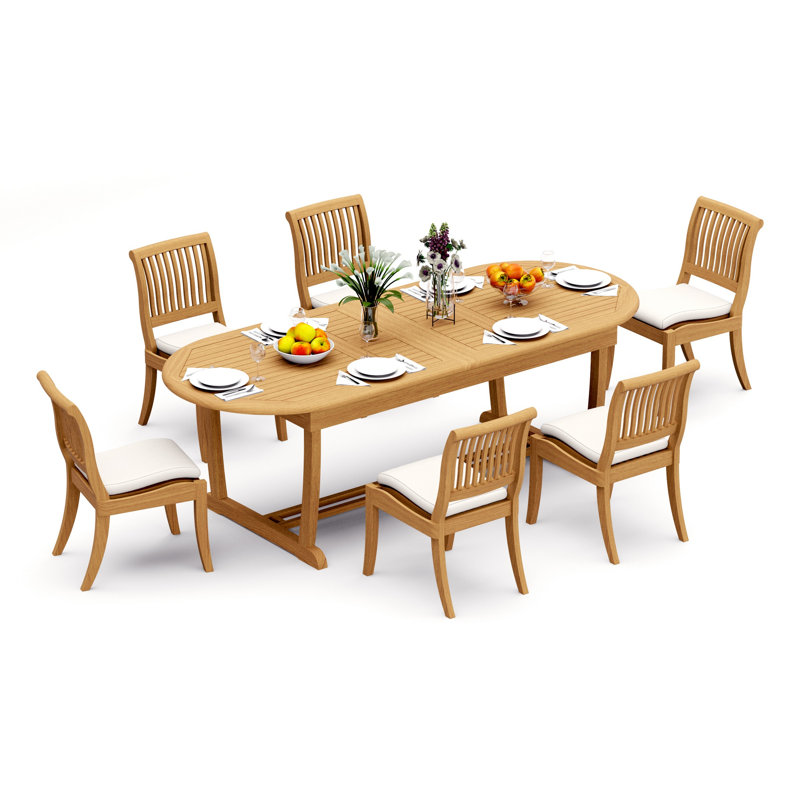 6 Seats 7 Pcs Grade-A Teak Wood Dining Set: 94" Mas Oval Trestle Leg Table And 6 Arbor Stacking Armless Chairs #11AB2300, 6