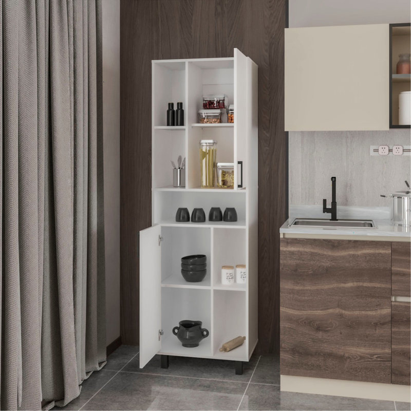 Garde-manger blanc avec 2 portes et rangement ouvert, organisateur de garde-manger autoportant moderne avec tablettes réglables, grande armoire de rangement pour la salle à manger