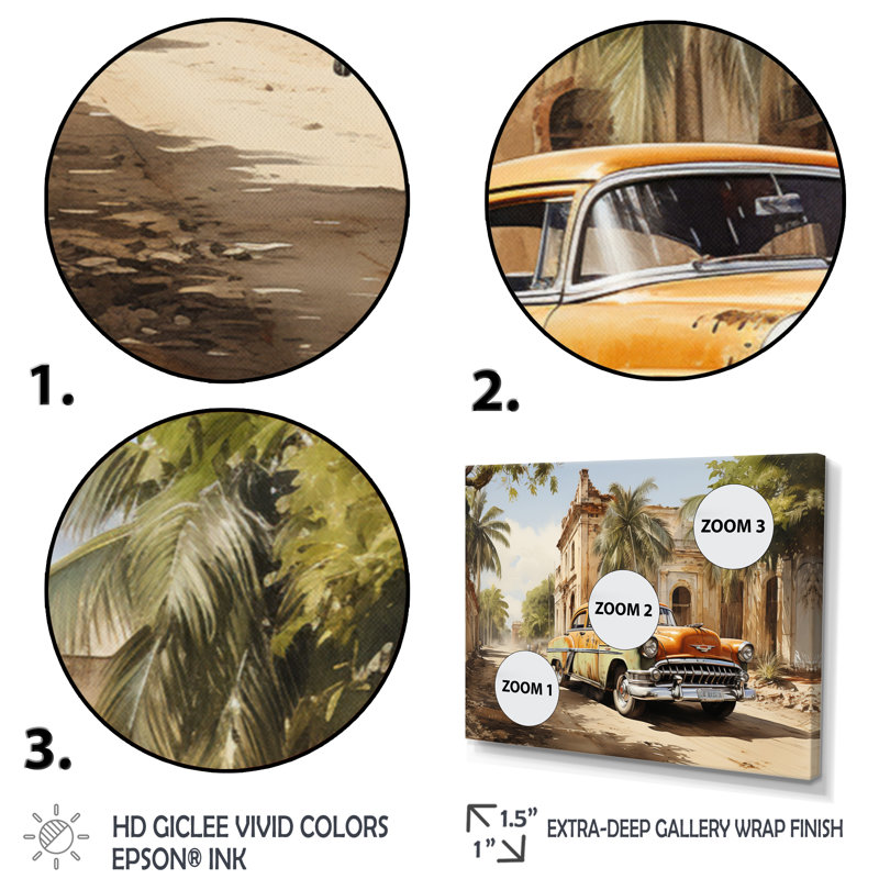 Orange Classic Cuban Car - Transportation Canvas Art Print, Cadre doré à une seule photo, H 12 po x l 20 po x P 1 po