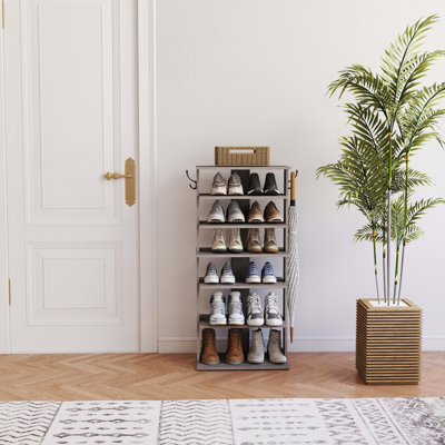 Range-chaussures, range-chaussures à 7 niveaux avec crochets, tour à chaussures d'entrée, 12 à 14 paires de chaussures, range-chaussures vertical, range-chaussures vertical, assemblage facile, économie d'espace, gris rustique