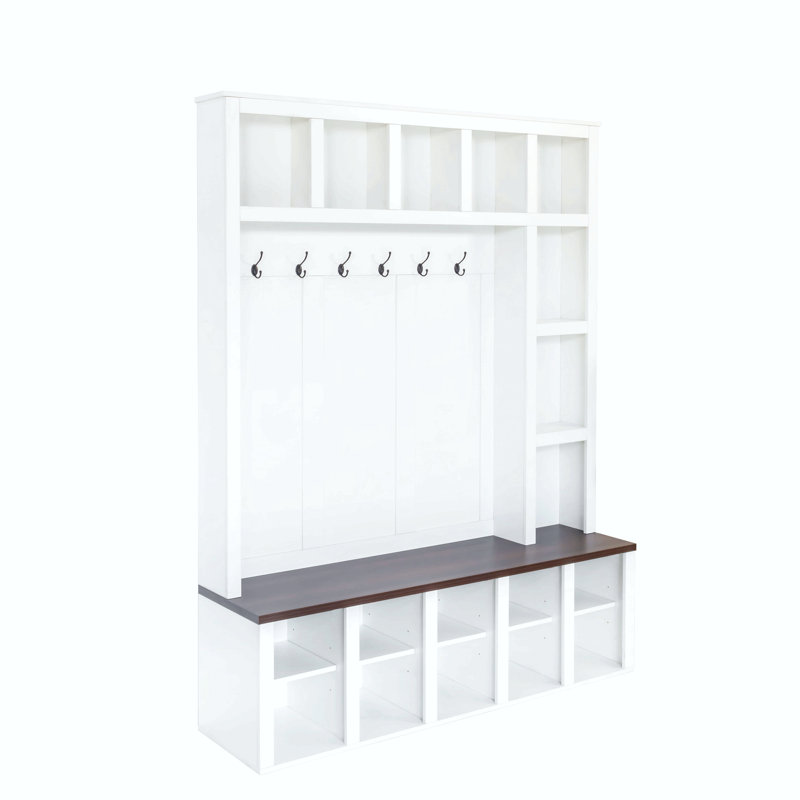 Farmhouse Wooden Hall Tree With 6 Hooks, Walnut Storage Bench With Adjustable Shelves, 4-In-1 Entryway Shoe Cabinet With Cubbies For Mudroom, Living Room, 76.7"H