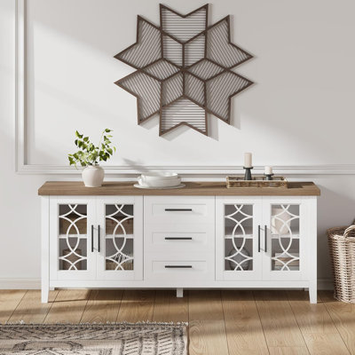 Farmhouse TV Stand for 70 Inch TV - Mid-Century Modern Entertainment Center with Glass Door, 2 Storage Doors, 3 Drawers, Open Shelves - Spacious Media Console for Living Room or Bedroom