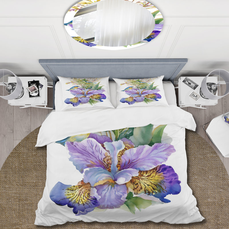 Iris mauve avec oiseaux - ensemble de housse de couette traditionnel - microfibre de polyester