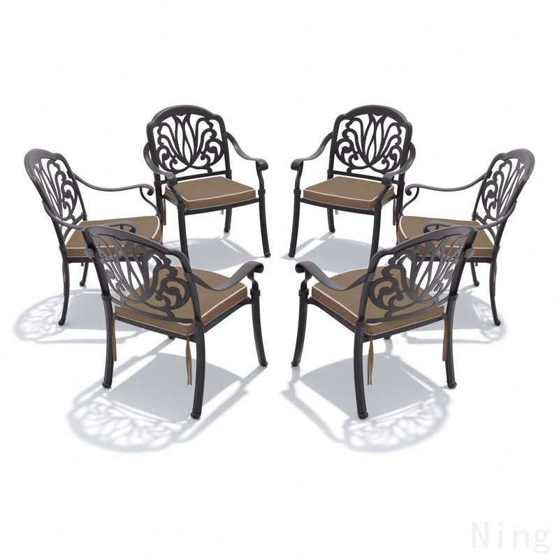 Chaise de patio en aluminium coulé 6 pièces avec cadre noir et coussins bruns, 6