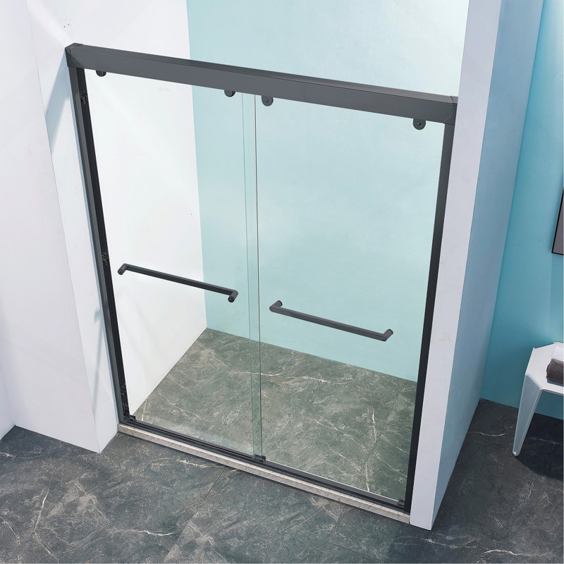 Porte de douche coulissante double l 56 à 60 po x H 75 po, cadre en alliage d'aluminium noir mat, verre trempé clair de 5/16 po (8 mm) d'épaisseur.
