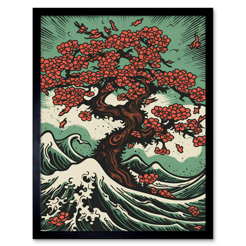 Paltrow Japanese Cherry Blossom Tree And Wavy Sea - Single Picture Frame Print