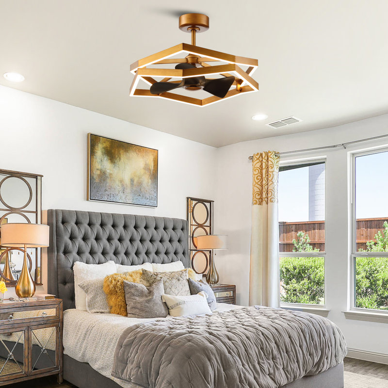 30.7" Brushed Brass Caged Ceiling Fan With Dimmable LED Lights And Remote Control